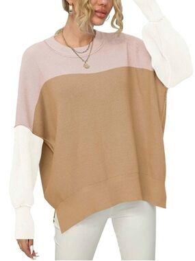 Soft Colorblock Ribbed Sweater Medium Batwing Sleeve Side Slit